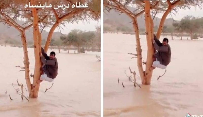 شاب سعودي يحتمي بشجرة من السيل ويطلب العون من احد المارة فكان الرد مفاجئا وصادما “صورة “